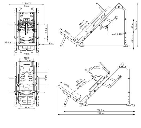 Posilovací stroj na činky MARBO MS-U106 2.0 legpress + hack squat rozměry