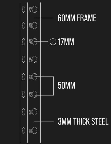 Stojan na činku Posilovací klec STRENGTHSYSTEM Original MRR Compact Racks Garage nákres profilu